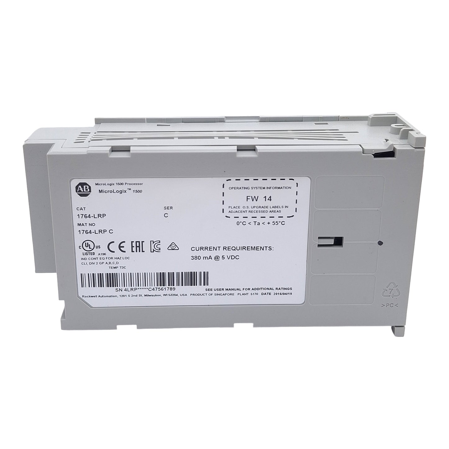 Used Allen Bradley 1764-LRP Ser C FW 14 MicroLogix 1500 Processor Unit, 5VDC