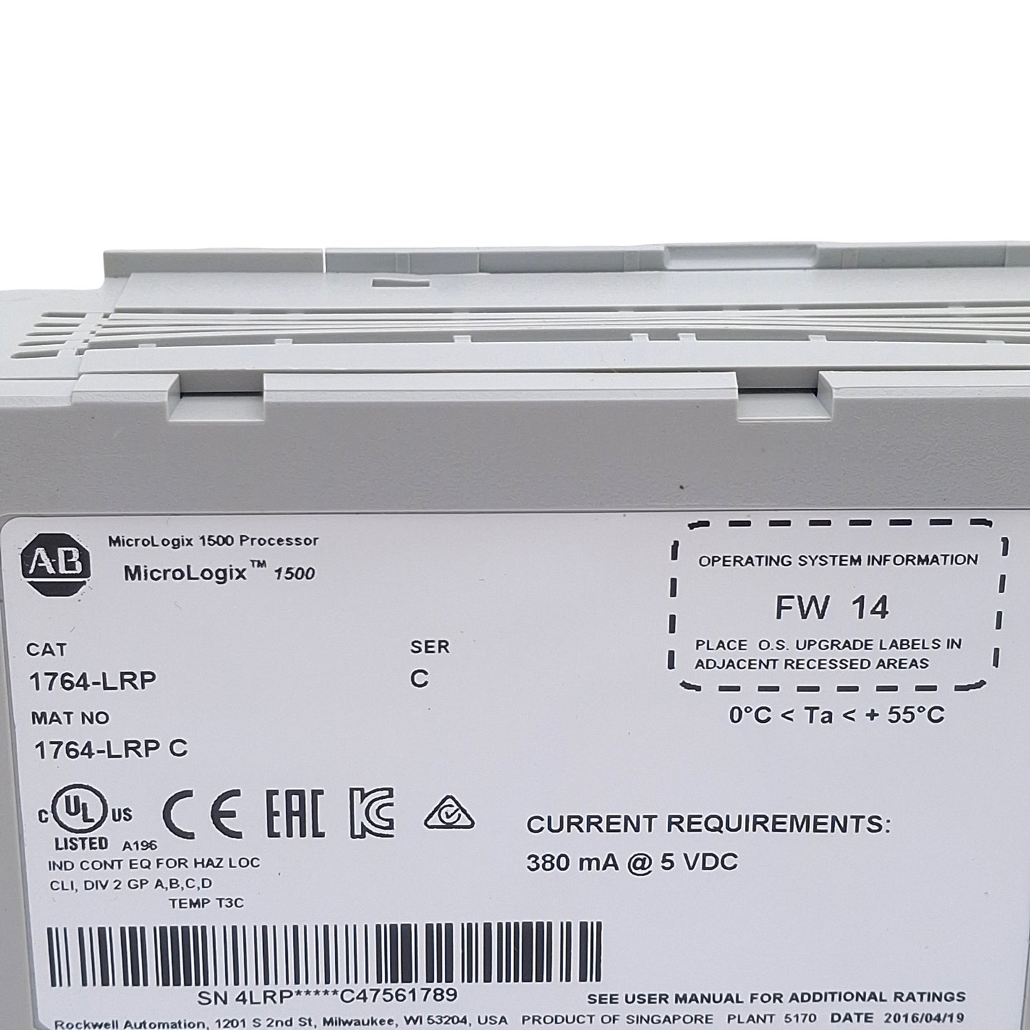 Used Allen Bradley 1764-LRP Ser C FW 14 MicroLogix 1500 Processor Unit, 5VDC