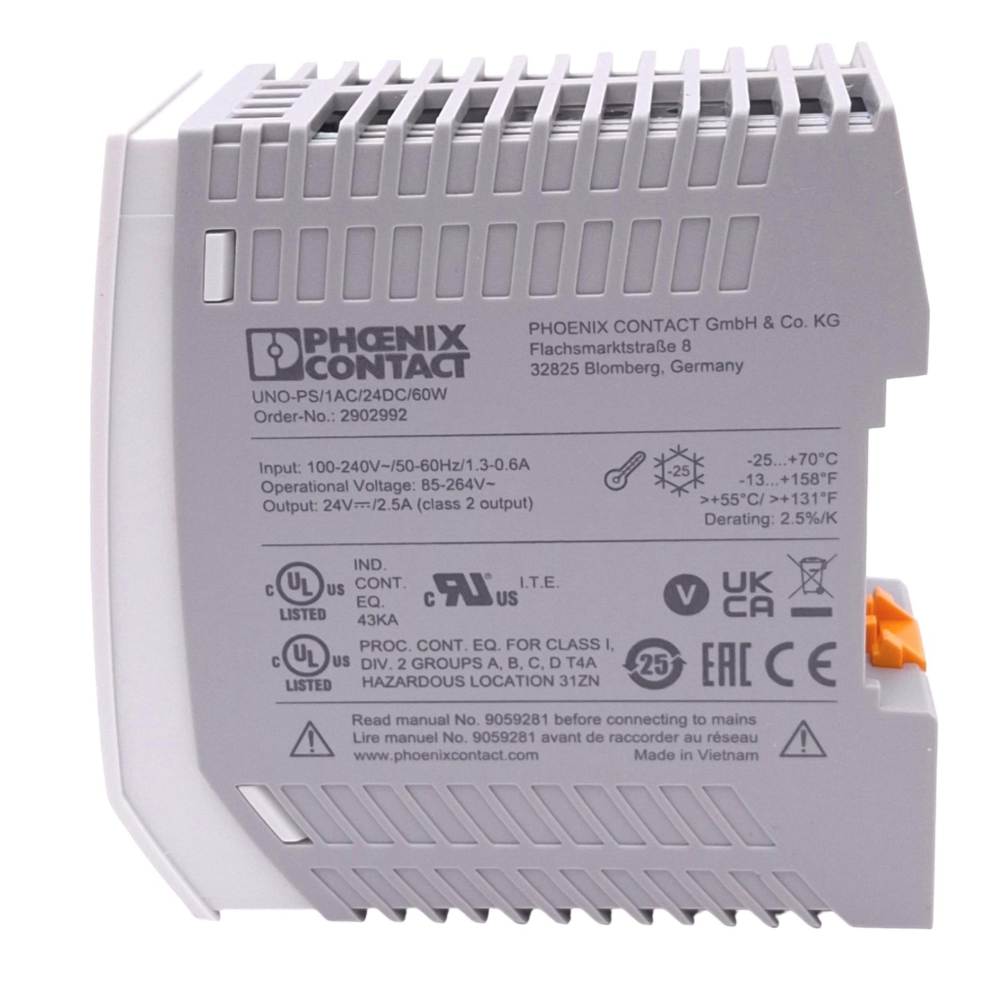 New Phoenix Contact UNO-PS/1AC/24DC/60W 2902992 PSU, 100-240 VAC In, 24VDC Out, 60W