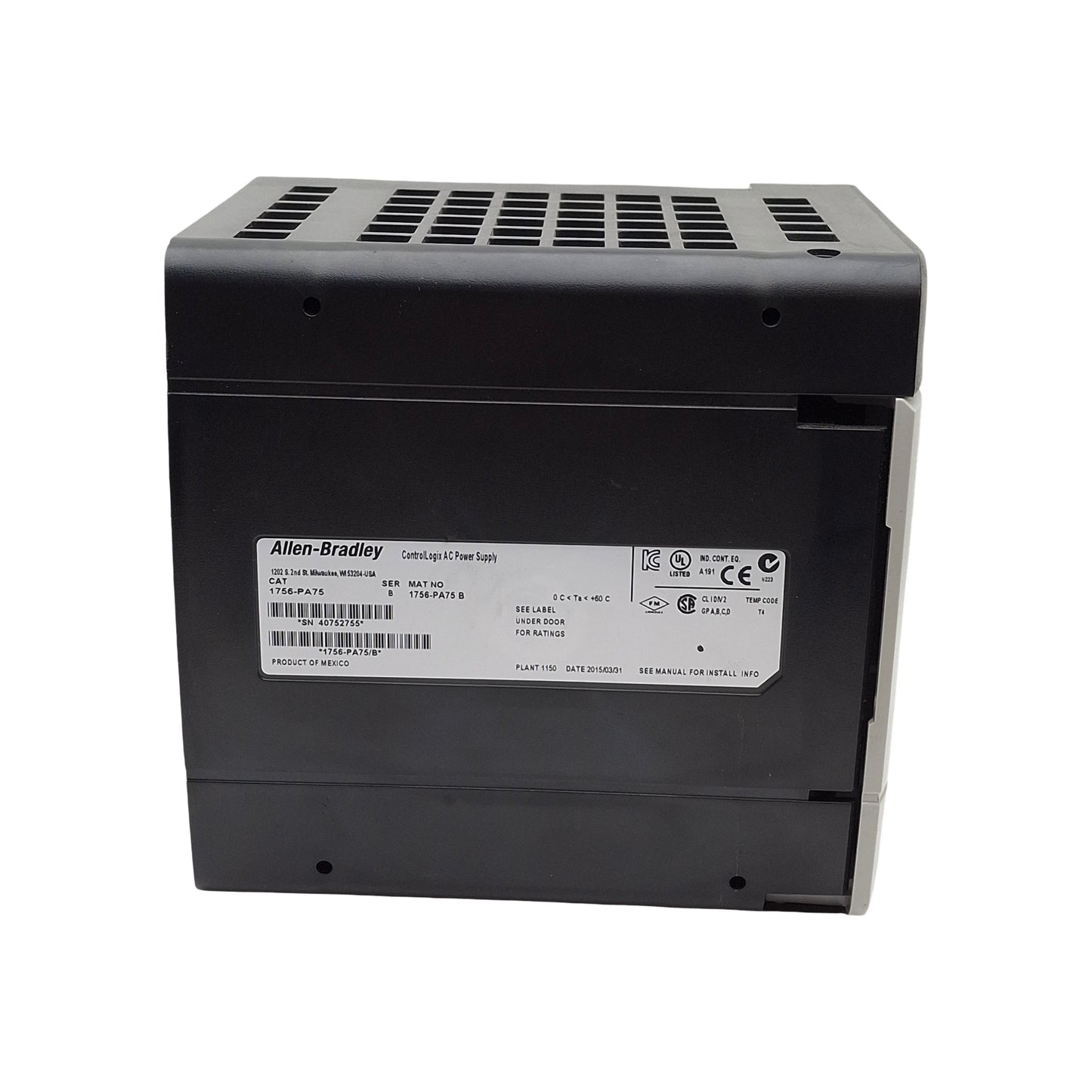 Used Allen Bradley 1756-PA75/B ControlLogix AC Power Supply 120-240VAC 100W