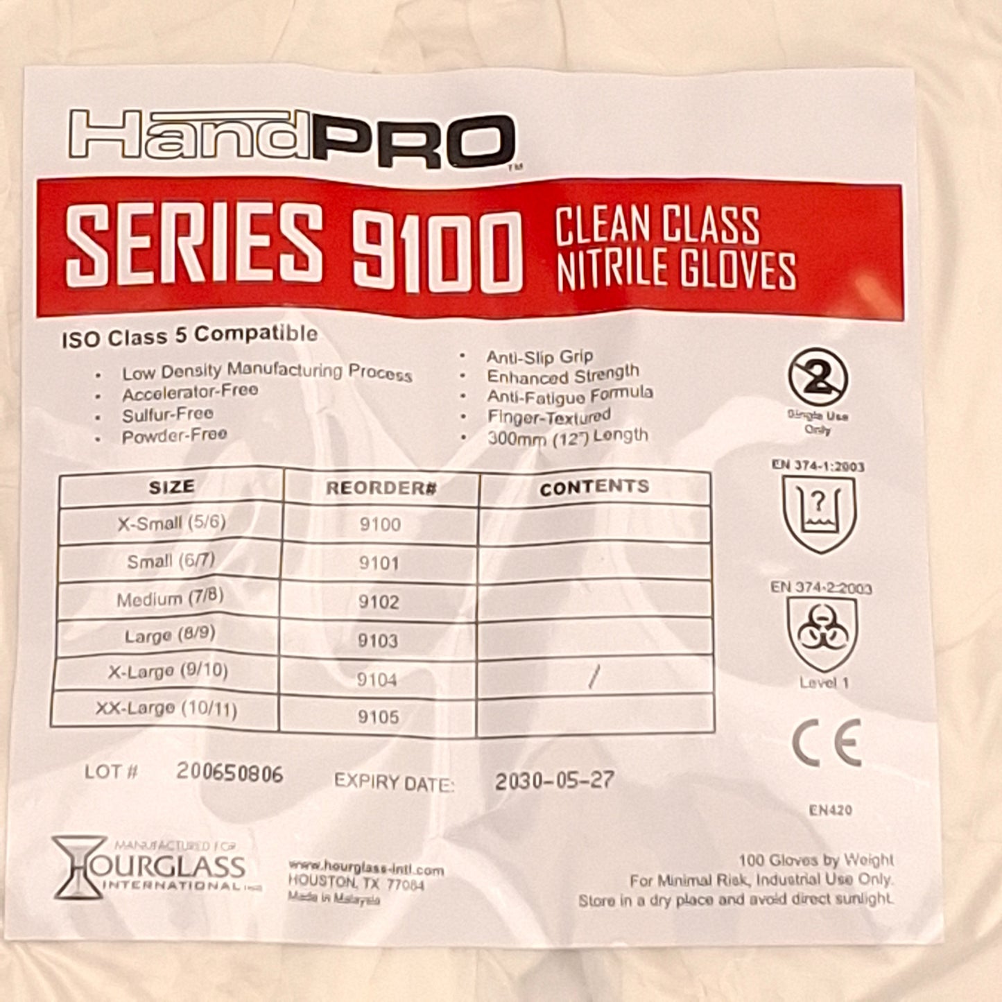 New Case of 1000 Hourglass 9104 HandPRO Cleanroom Glove, Size:XL, ISO5 Class 100