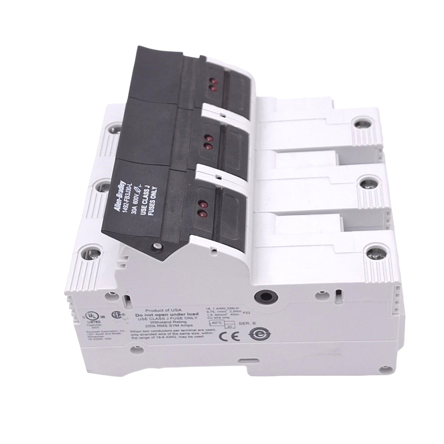 Used Allen Bradley 1492-FB3J30-L Fuse Holder, 3-Pole, 30A 600V, Class J, DIN Rail