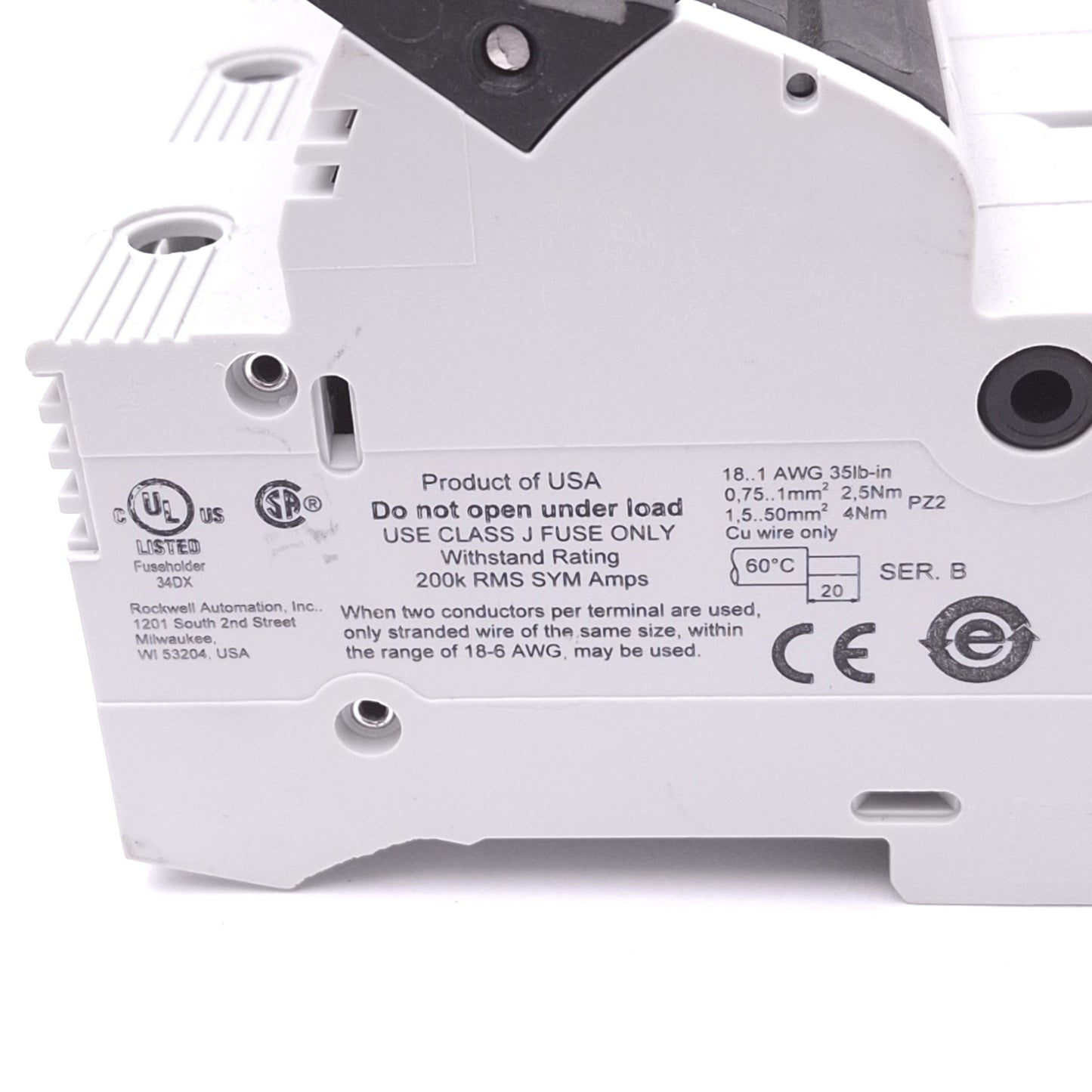 Used Allen Bradley 1492-FB3J30-L Fuse Holder, 3-Pole, 30A 600V, Class J, DIN Rail