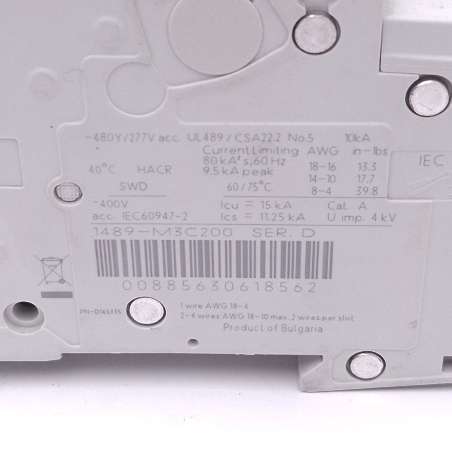 Used Allen Bradley 1489-M3C200 Circuit Breaker, 3-Pole 20A, 480Y/277VAC Max