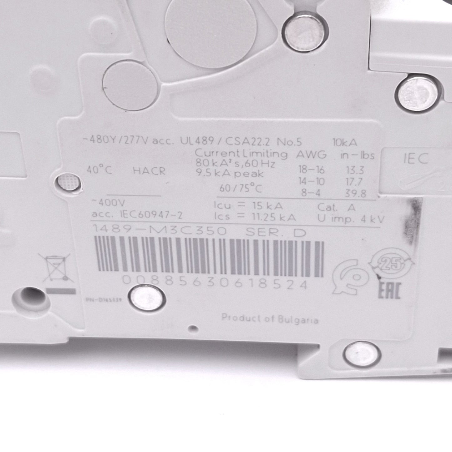 Used Allen Bradley 1489-M3C350 Circuit Breaker, 3-Pole 35A, 480Y/277VAC Max