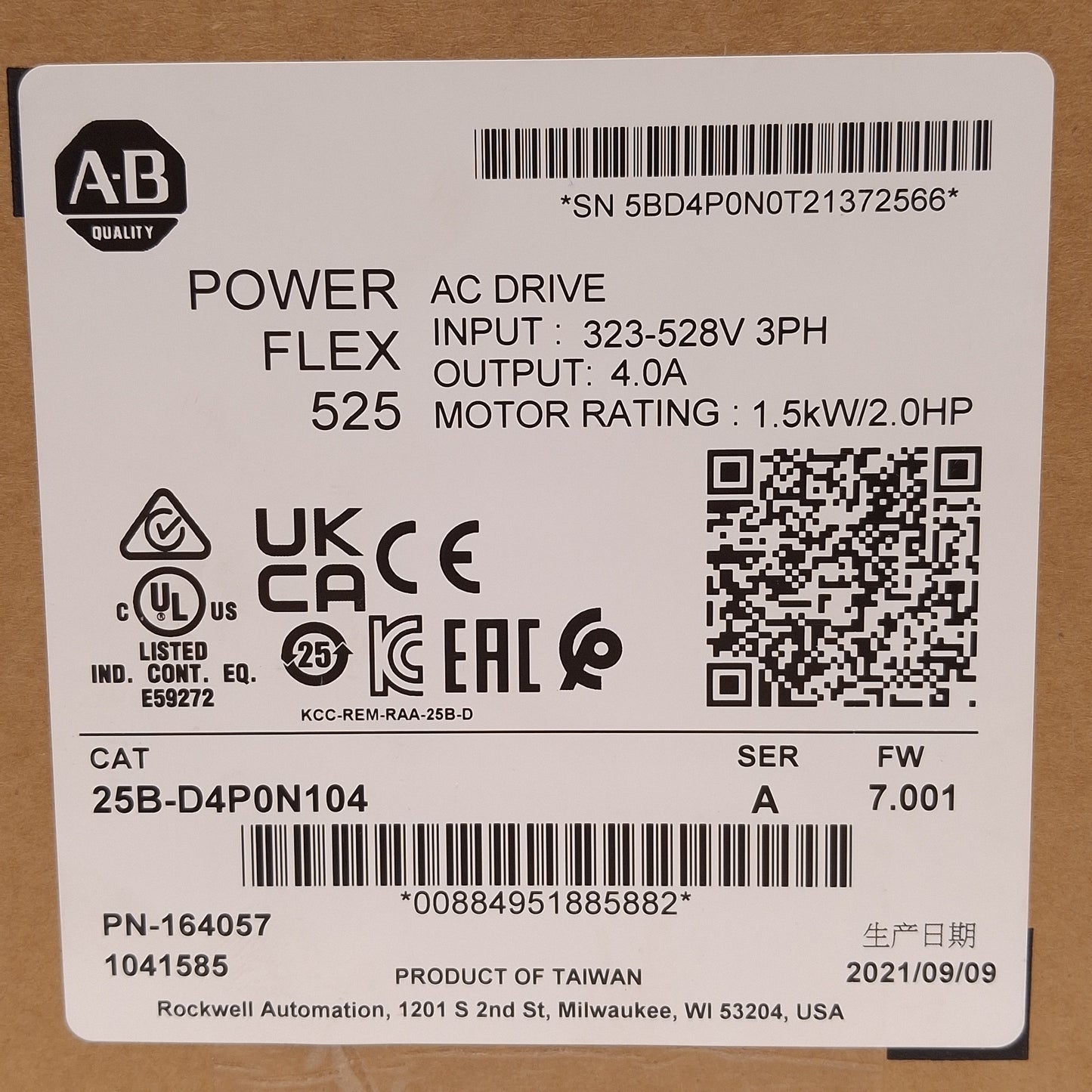 New Allen Bradley 25B-D4P0N104 PowerFlex 525 AC Drive 1.5kW/2HP, 4A, 3Ø 460VAC 500Hz
