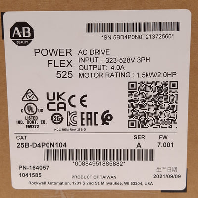 New Allen Bradley 25B-D4P0N104 PowerFlex 525 AC Drive 1.5kW/2HP, 4A, 3Ø 460VAC 500Hz