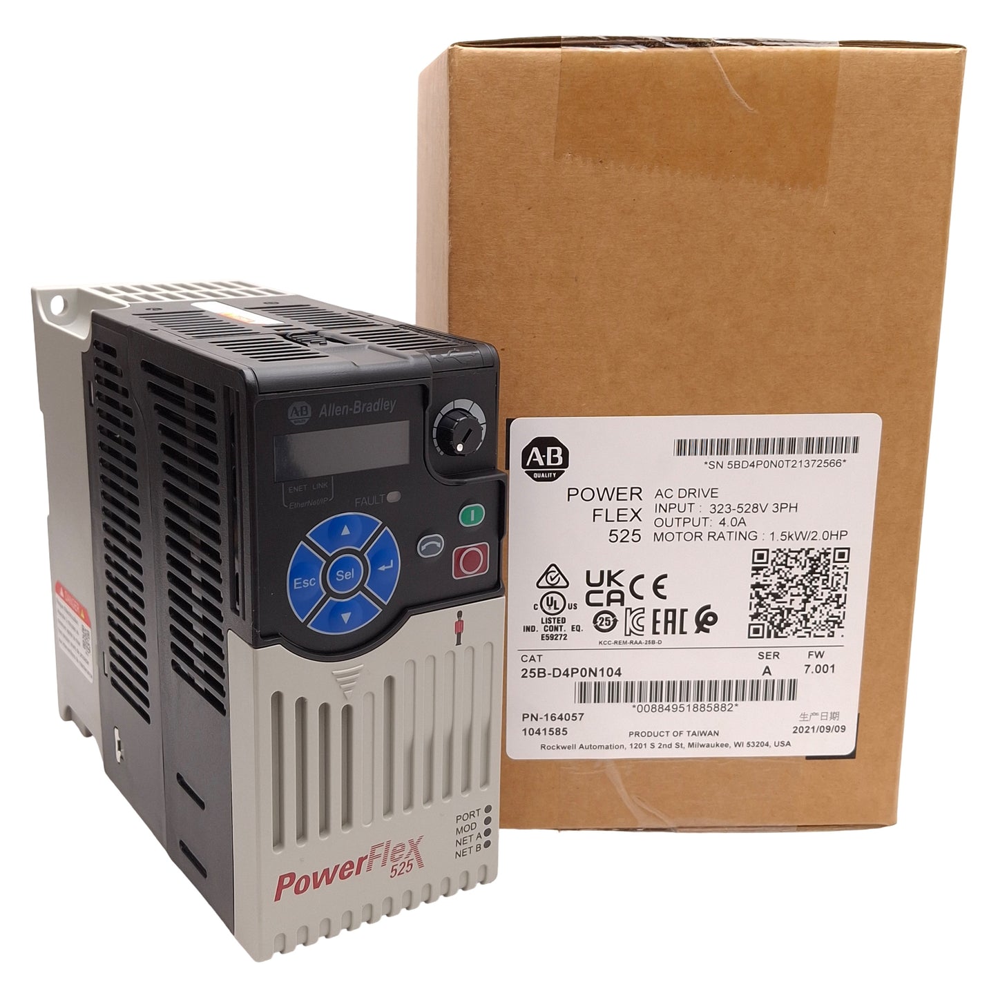 New Allen Bradley 25B-D4P0N104 PowerFlex 525 AC Drive 1.5kW/2HP, 4A, 3Ø 460VAC 500Hz