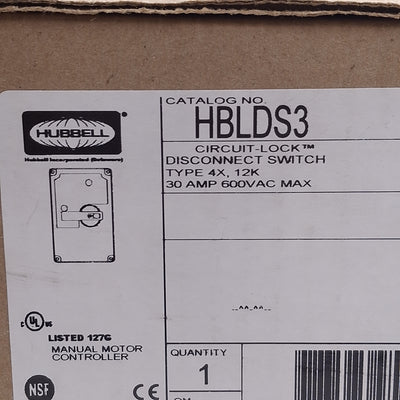 New Hubbell HBLDS3 Circuit-Lock Disconnect Switch & Enclosure 3-Pole 600VAC 30A 15HP