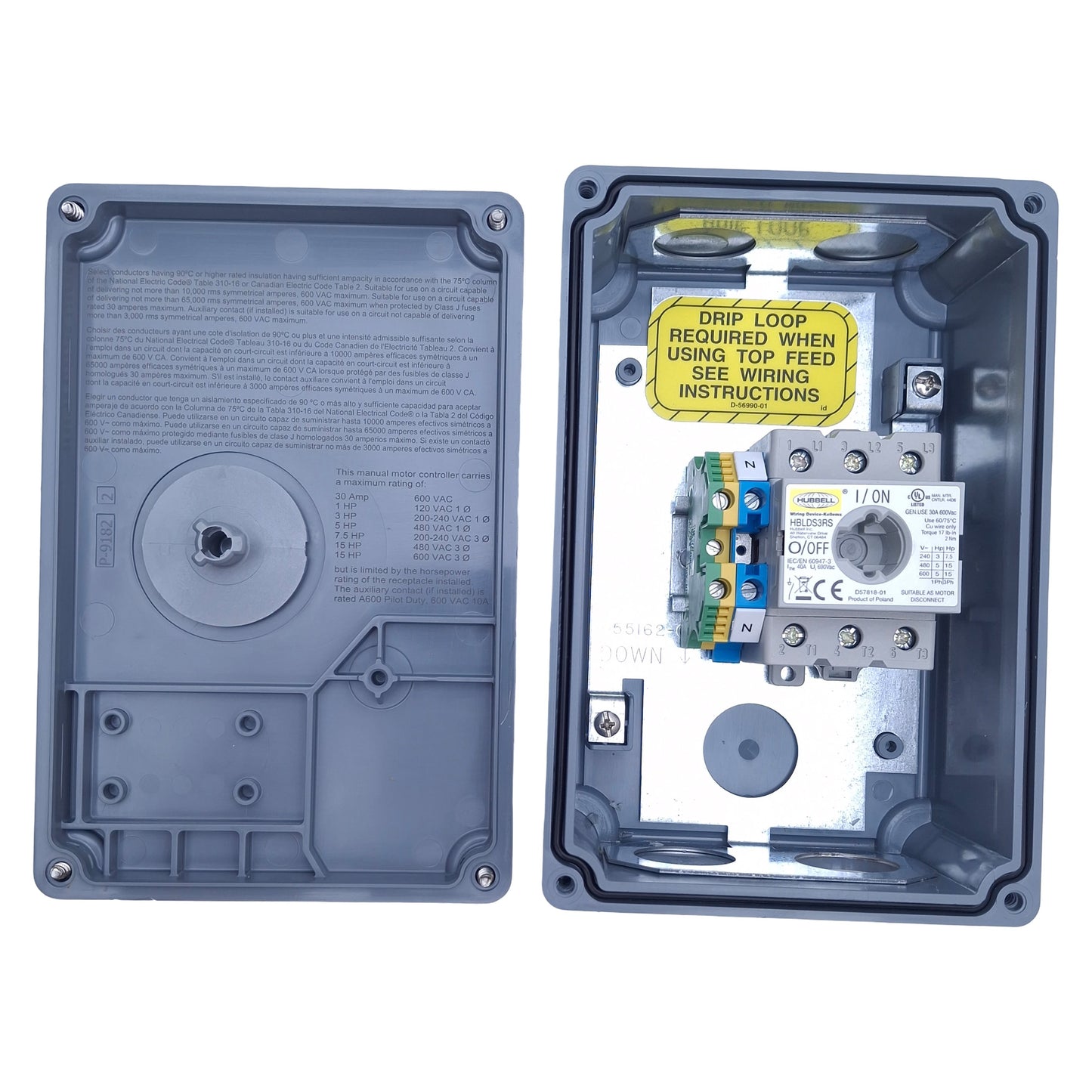 New Hubbell HBLDS3 Circuit-Lock Disconnect Switch & Enclosure 3-Pole 600VAC 30A 15HP