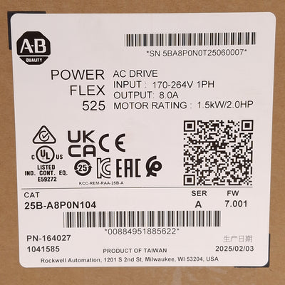 New Allen Bradley 25B-A8P0N104 PowerFlex 525 AC Drive 1.5kW/2HP, 8A, 1Ø 230VAC 500Hz