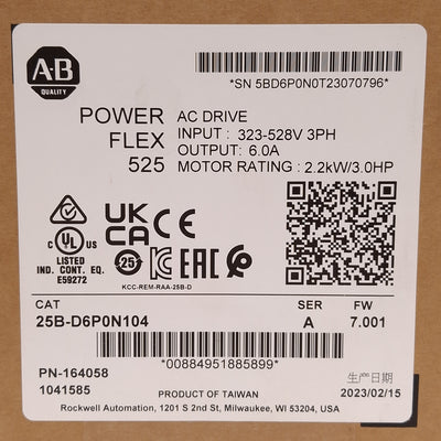 New Allen Bradley 25B-D6P0N104 PowerFlex 525 AC Drive 2.2kW/3HP, 6A, 3Ø 460VAC 500Hz