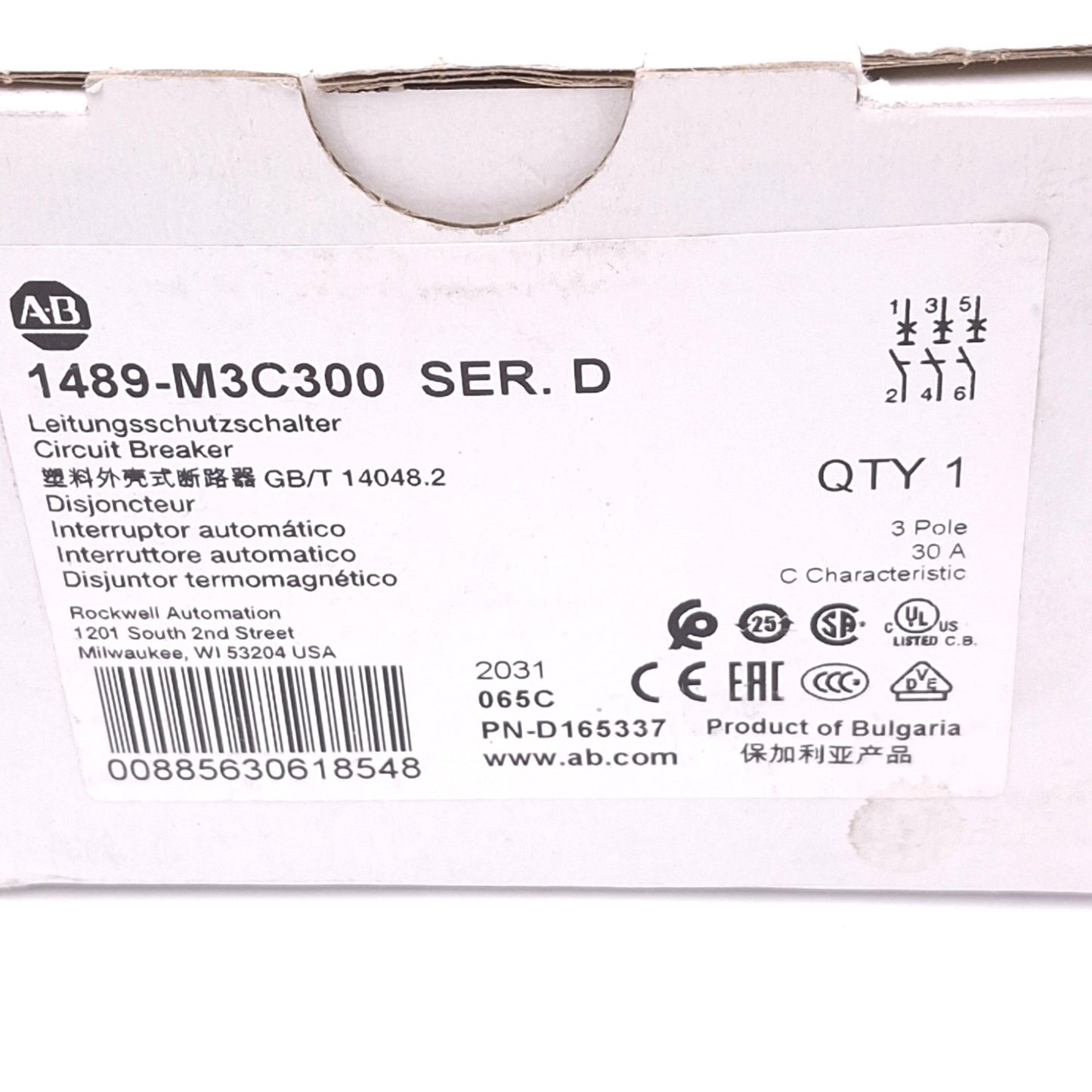 New Allen Bradley 1489-M3C300 Circuit Breaker, 3-Pole 30A, 480Y/277VAC, C-Curve