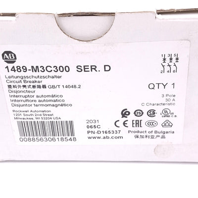 New Allen Bradley 1489-M3C300 Circuit Breaker, 3-Pole 30A, 480Y/277VAC, C-Curve