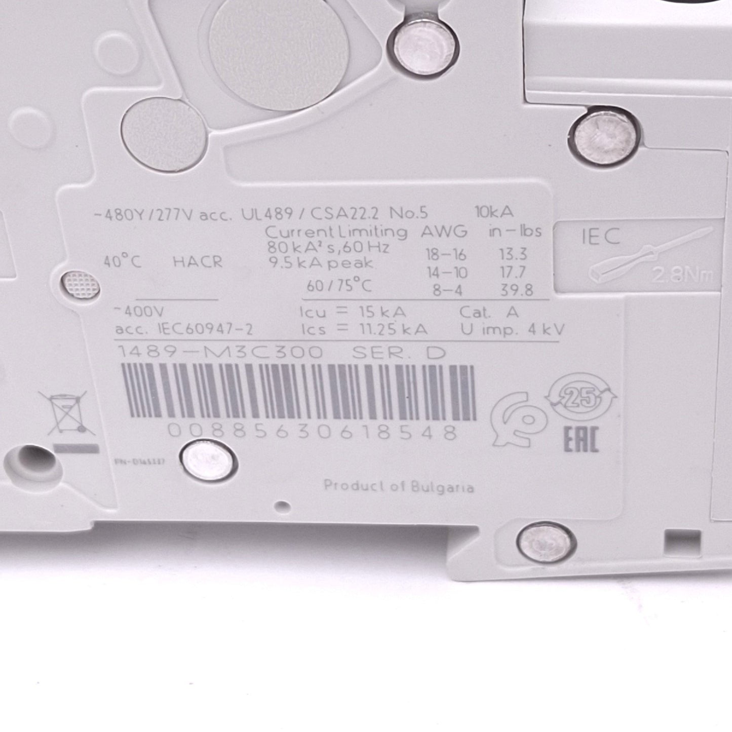 New Allen Bradley 1489-M3C300 Circuit Breaker, 3-Pole 30A, 480Y/277VAC, C-Curve