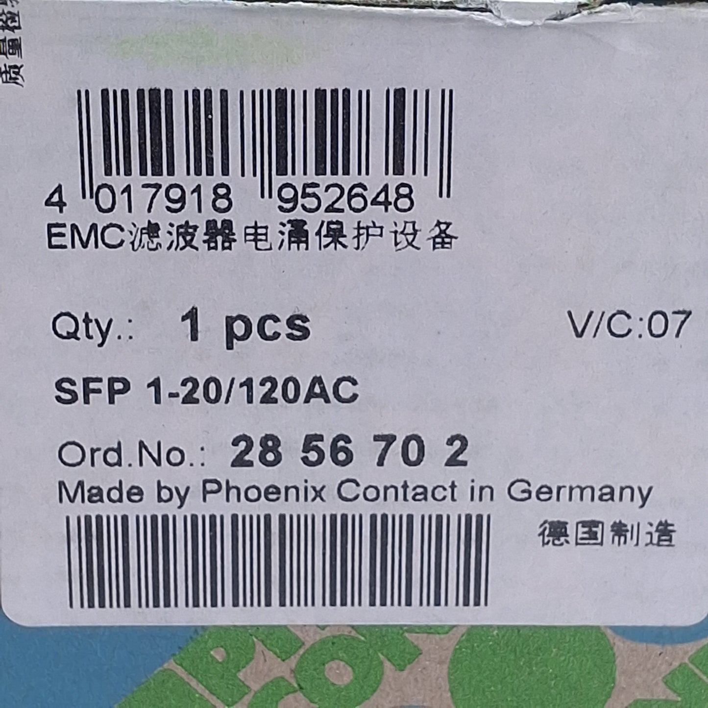 New Phoenix Contact SFP 1-20/120AC EMC Filter Surge Protection Device 120VAC, 20A