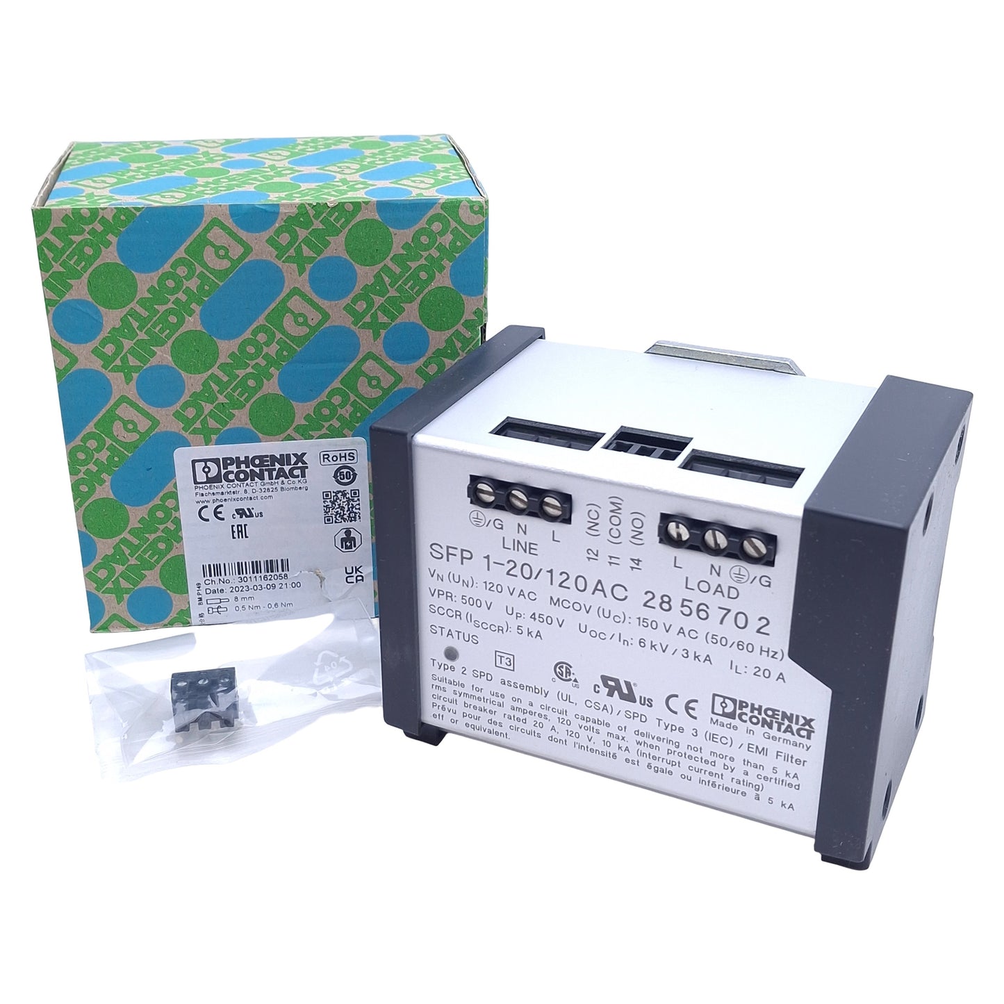New Phoenix Contact SFP 1-20/120AC EMC Filter Surge Protection Device 120VAC, 20A