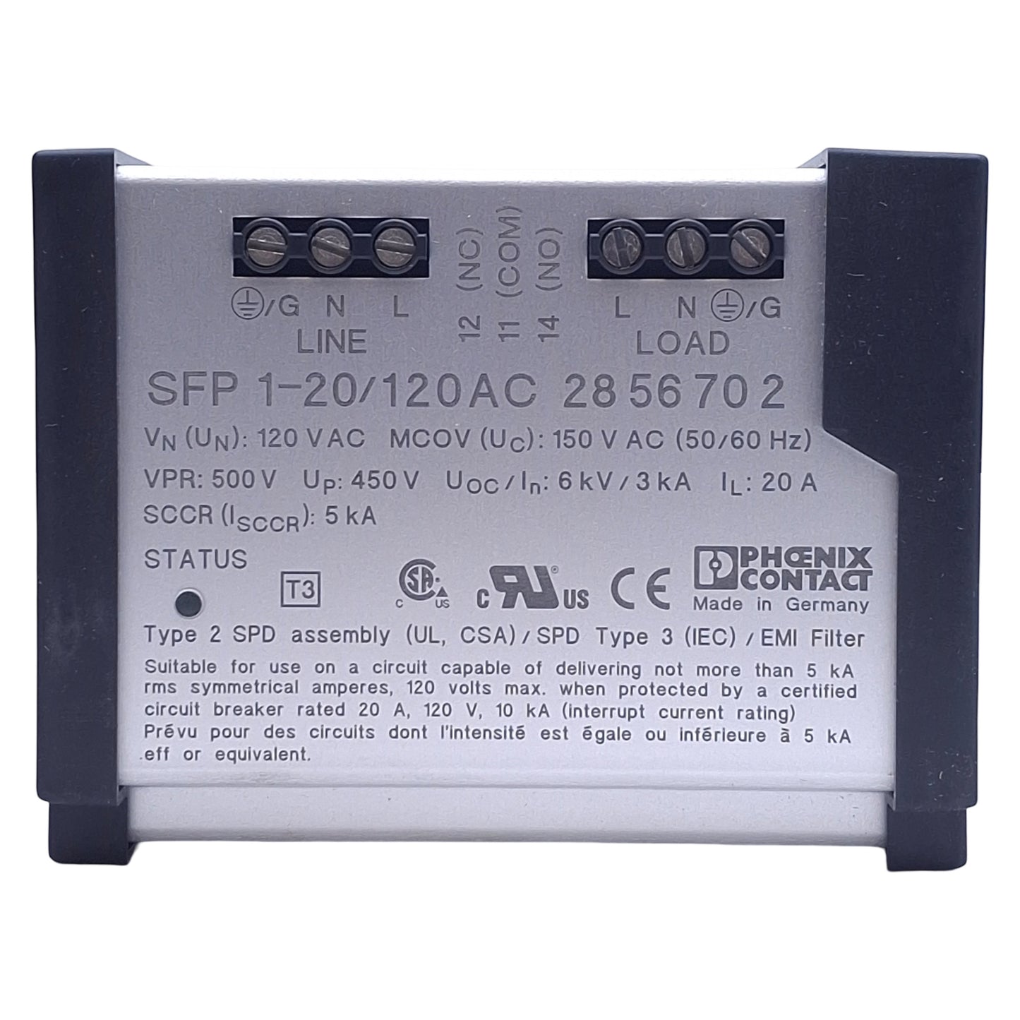 New Phoenix Contact SFP 1-20/120AC EMC Filter Surge Protection Device 120VAC, 20A