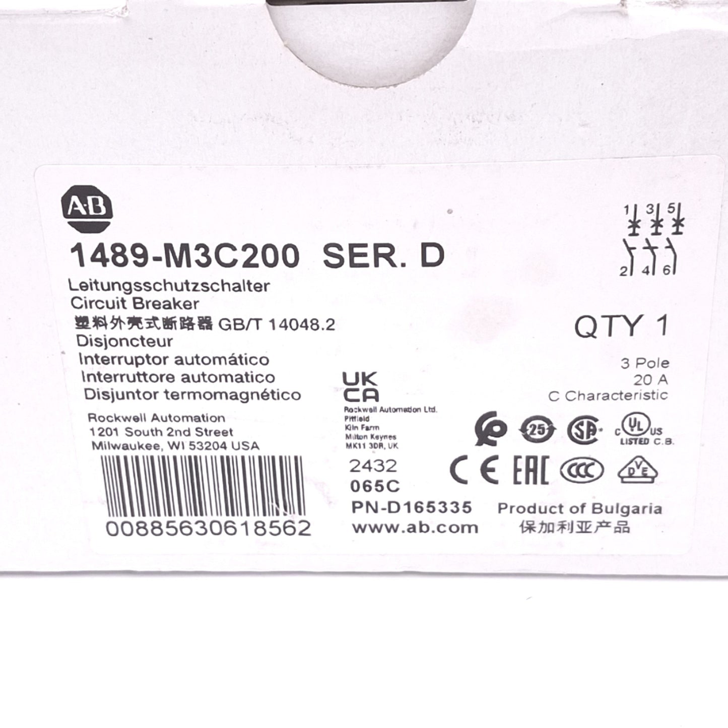 New Allen Bradley 1489-M3C200 Circuit Breaker, 3-Pole 20A, 480Y/277VAC, C-Curve