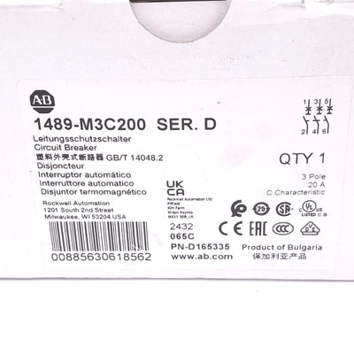 New Allen Bradley 1489-M3C200 Circuit Breaker, 3-Pole 20A, 480Y/277VAC, C-Curve
