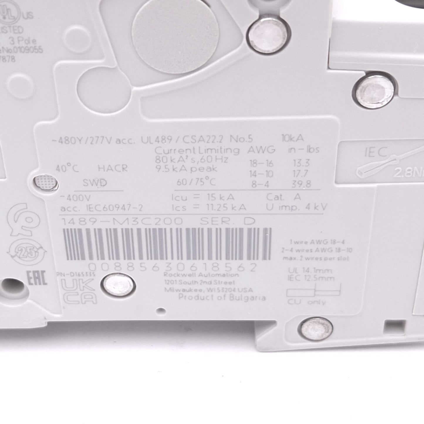 New Allen Bradley 1489-M3C200 Circuit Breaker, 3-Pole 20A, 480Y/277VAC, C-Curve