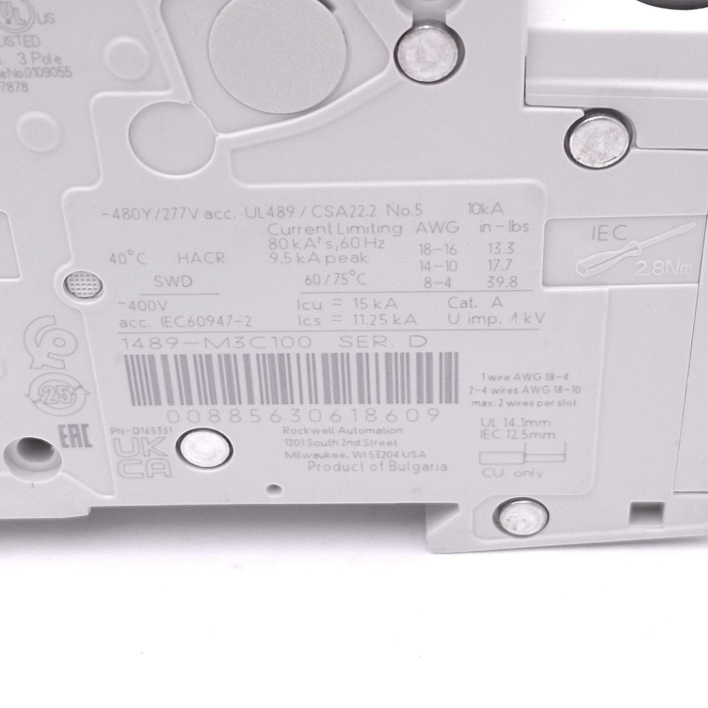 New Allen Bradley 1489-M3C100 Circuit Breaker, 3-Pole 10A, 480Y/277VAC, C-Curve