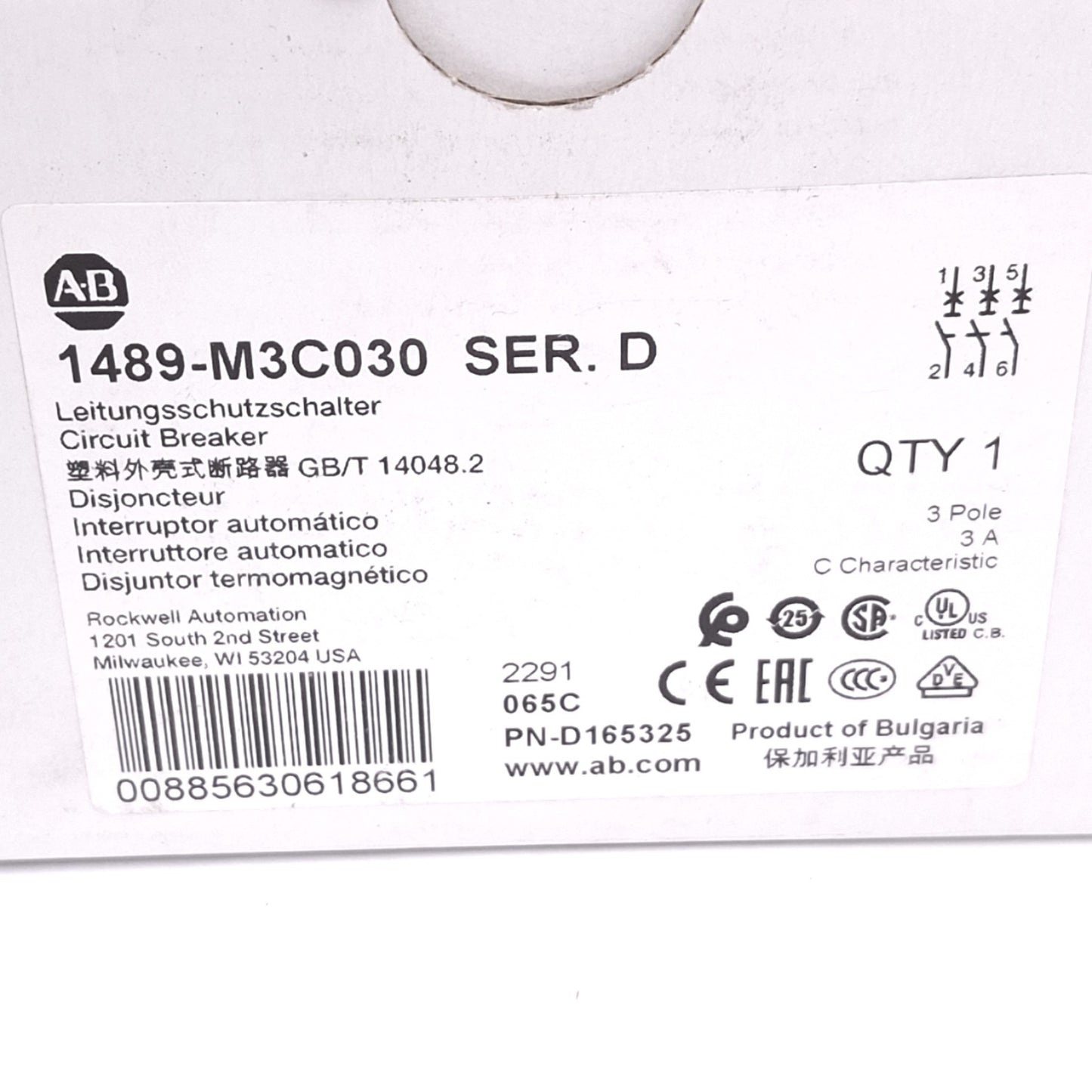New Allen Bradley 1489-M3C030 Circuit Breaker, 3-Pole 3A, 480Y/277VAC, C-Curve