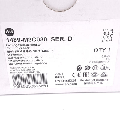 New Allen Bradley 1489-M3C030 Circuit Breaker, 3-Pole 3A, 480Y/277VAC, C-Curve