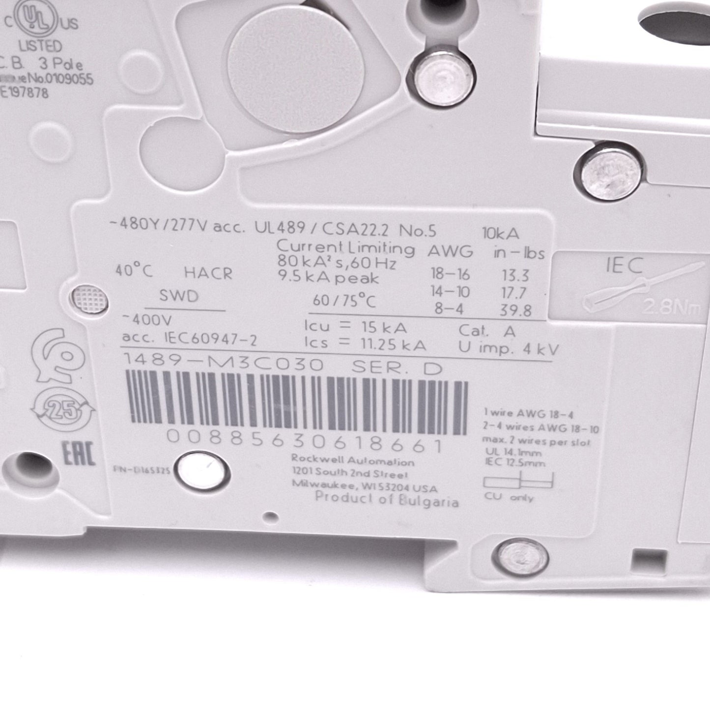 New Allen Bradley 1489-M3C030 Circuit Breaker, 3-Pole 3A, 480Y/277VAC, C-Curve