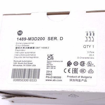 New Allen Bradley 1489-M3D200 Circuit Breaker, 3-Pole 20A, 480Y/277VAC, D-Curve