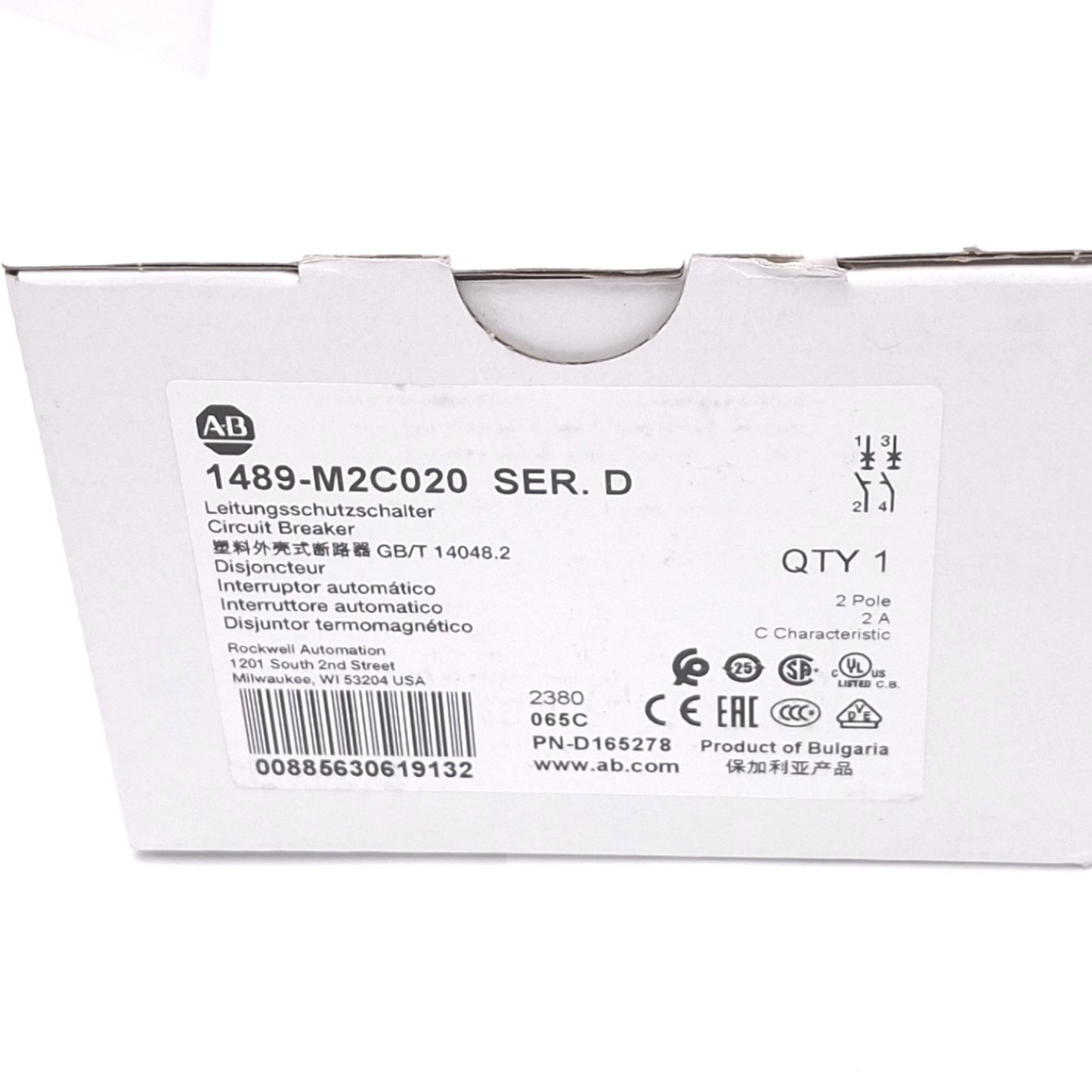 New Allen Bradley 1489-M2C020 Circuit Breaker, 2-Pole 2A, 480Y/277VAC, C-Curve