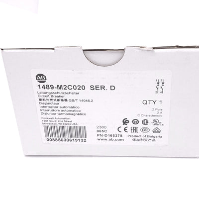 New Allen Bradley 1489-M2C020 Circuit Breaker, 2-Pole 2A, 480Y/277VAC, C-Curve