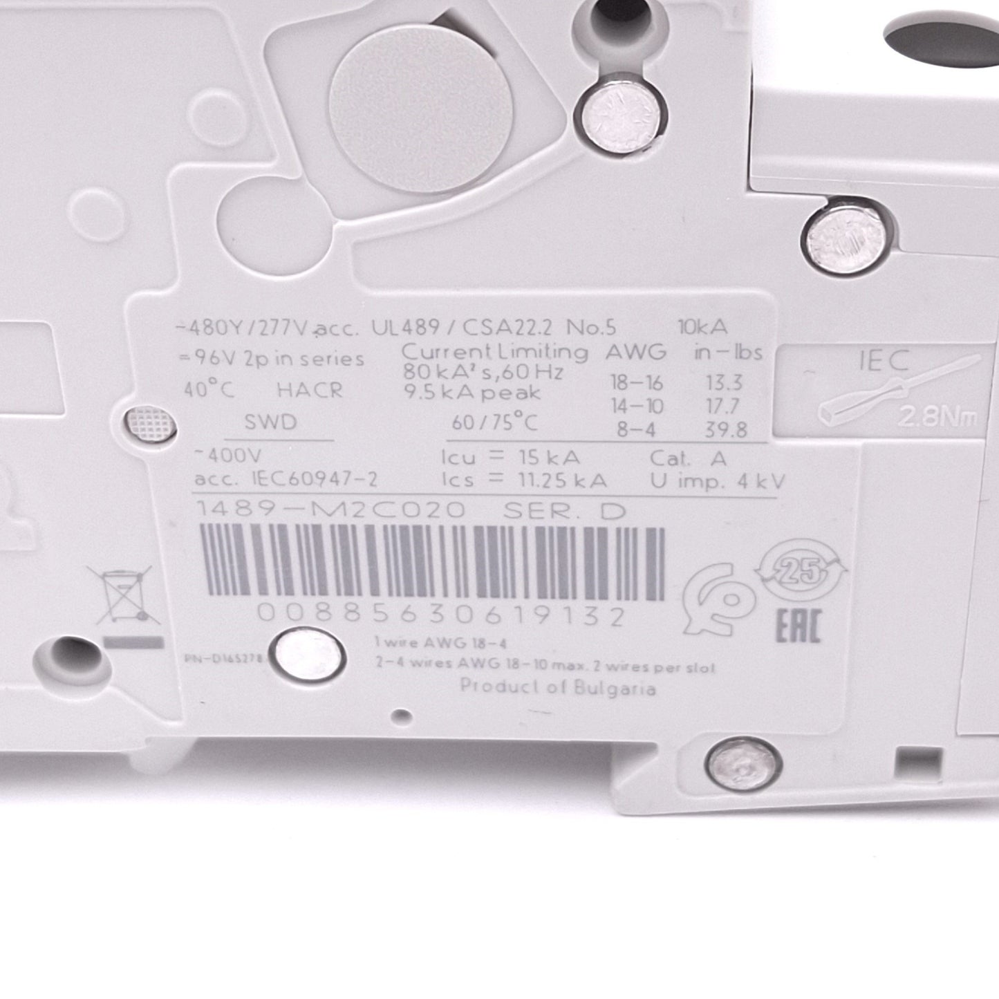 New Allen Bradley 1489-M2C020 Circuit Breaker, 2-Pole 2A, 480Y/277VAC, C-Curve
