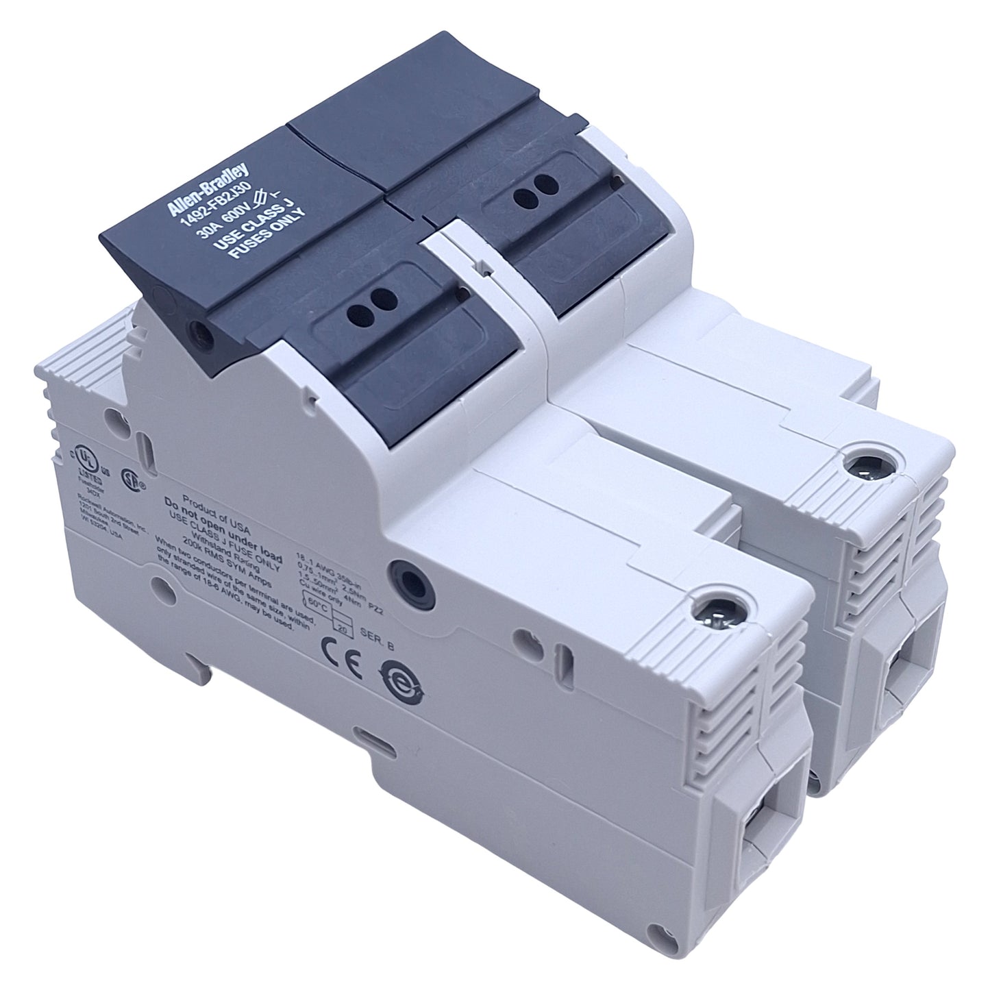 New – Open box Allen Bradley 1492-FB2J30 Fuse Holder 2-Pole, 30A 600V, Class J, DIN Rail