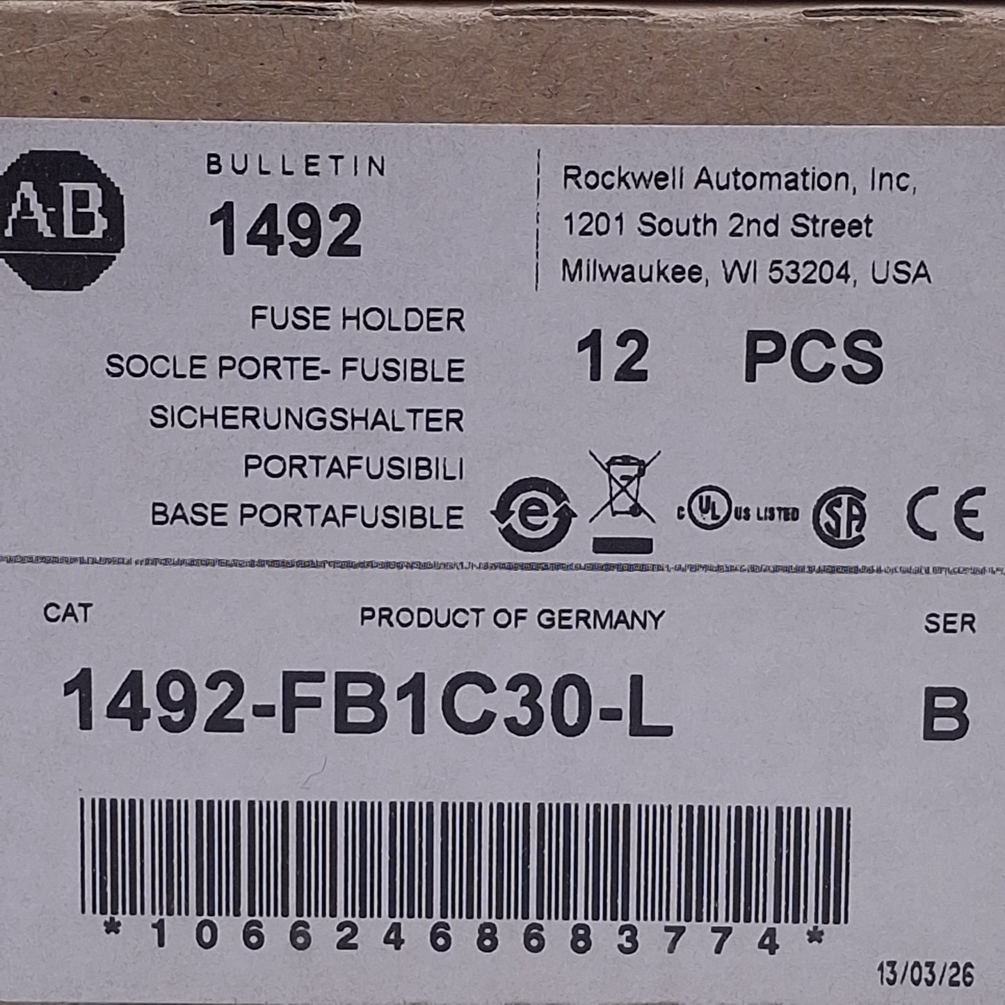 New Lot of 12 Allen Bradley 1492-FB1C30-L Fuse Holder, 1-Pole Class CC, 30A 600V Max