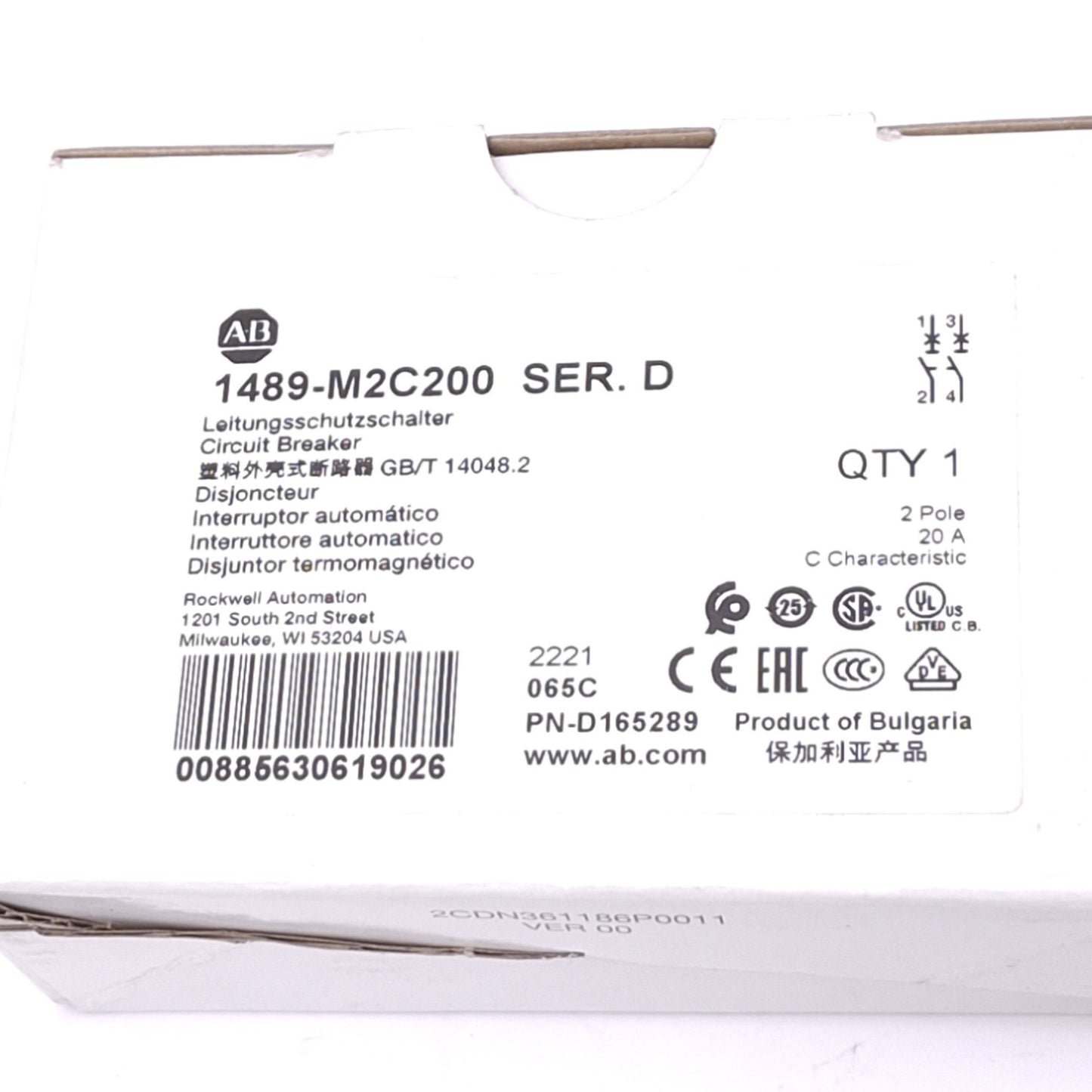 New Allen Bradley 1489-M2C200 Circuit Breaker, 2-Pole 20A, 480Y/277VAC, C-Curve
