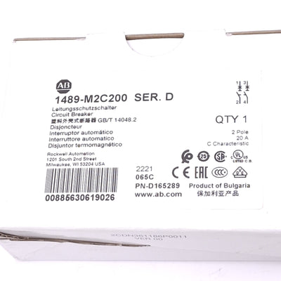 New Allen Bradley 1489-M2C200 Circuit Breaker, 2-Pole 20A, 480Y/277VAC, C-Curve