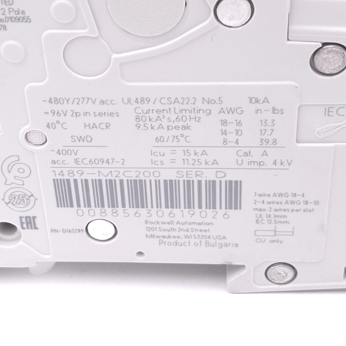 New Allen Bradley 1489-M2C200 Circuit Breaker, 2-Pole 20A, 480Y/277VAC, C-Curve