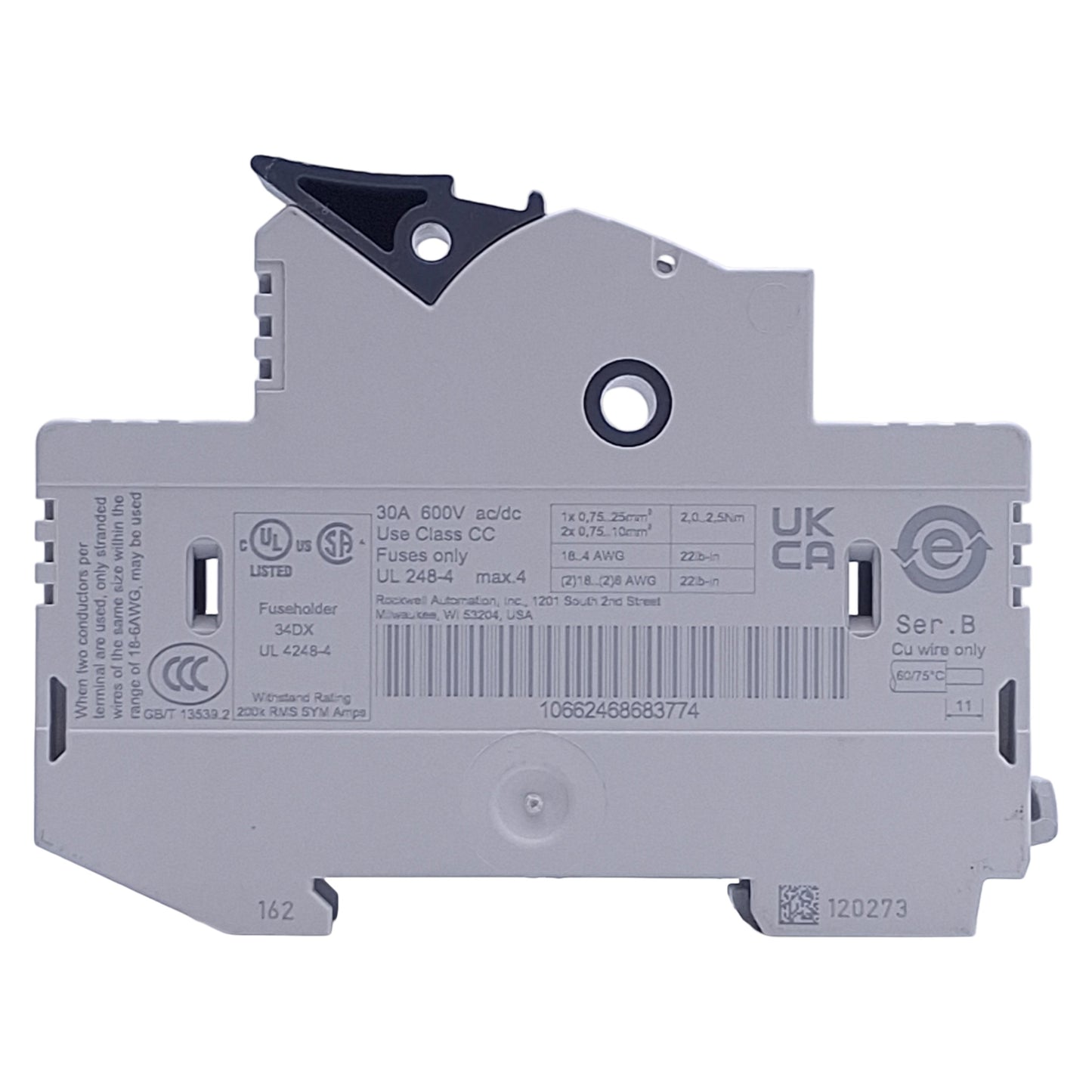 New – Open box Allen Bradley 1492-FB1C30-L Fuse Holder, 1-Pole, Class CC, 30A 600V, DIN Rail