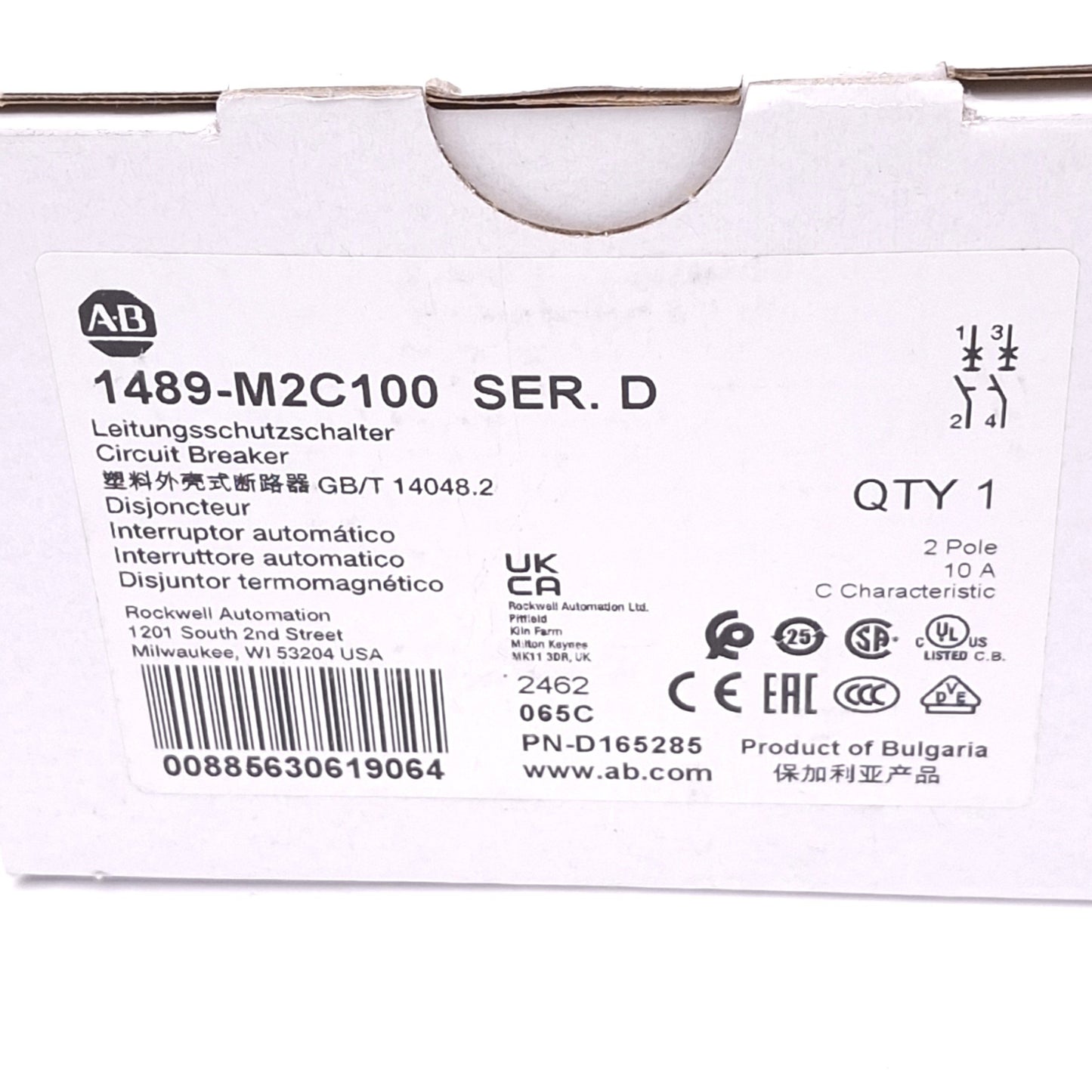 New Allen Bradley 1489-M2C100 Circuit Breaker, 2-Pole 10A, 480Y/277VAC, C-Curve
