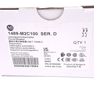 New Allen Bradley 1489-M2C100 Circuit Breaker, 2-Pole 10A, 480Y/277VAC, C-Curve