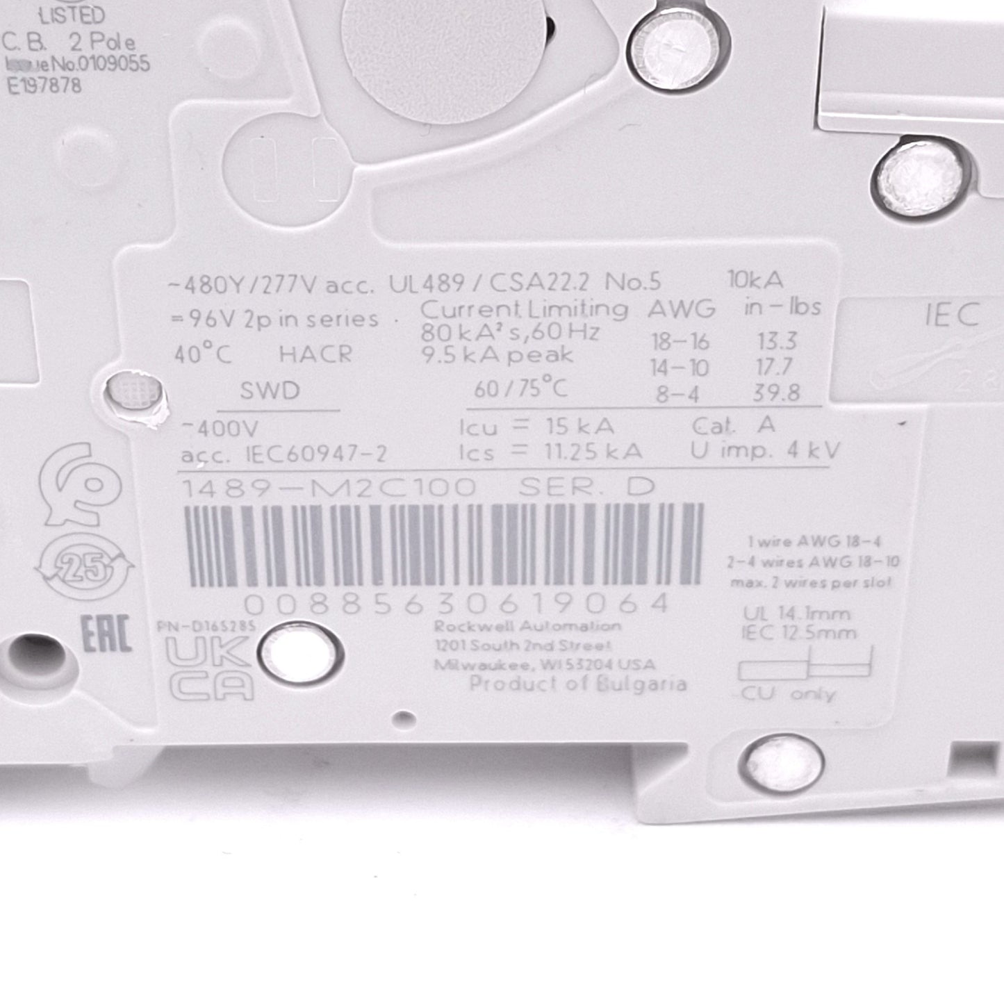 New Allen Bradley 1489-M2C100 Circuit Breaker, 2-Pole 10A, 480Y/277VAC, C-Curve