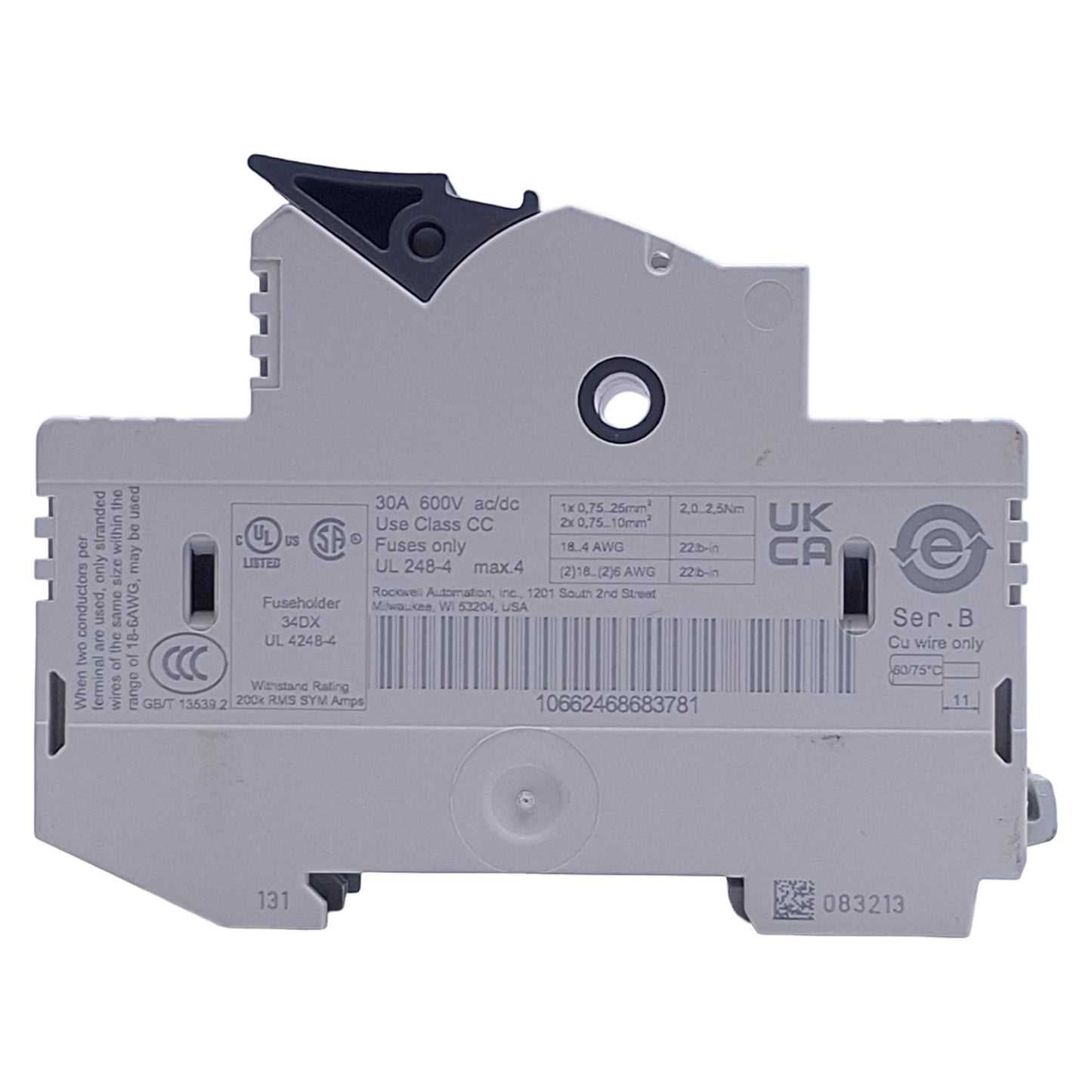 New – Open box Allen Bradley 1492-FB2C30-L Fuse Holder, 2-Pole, Class CC, 30A 600V, DIN Rail