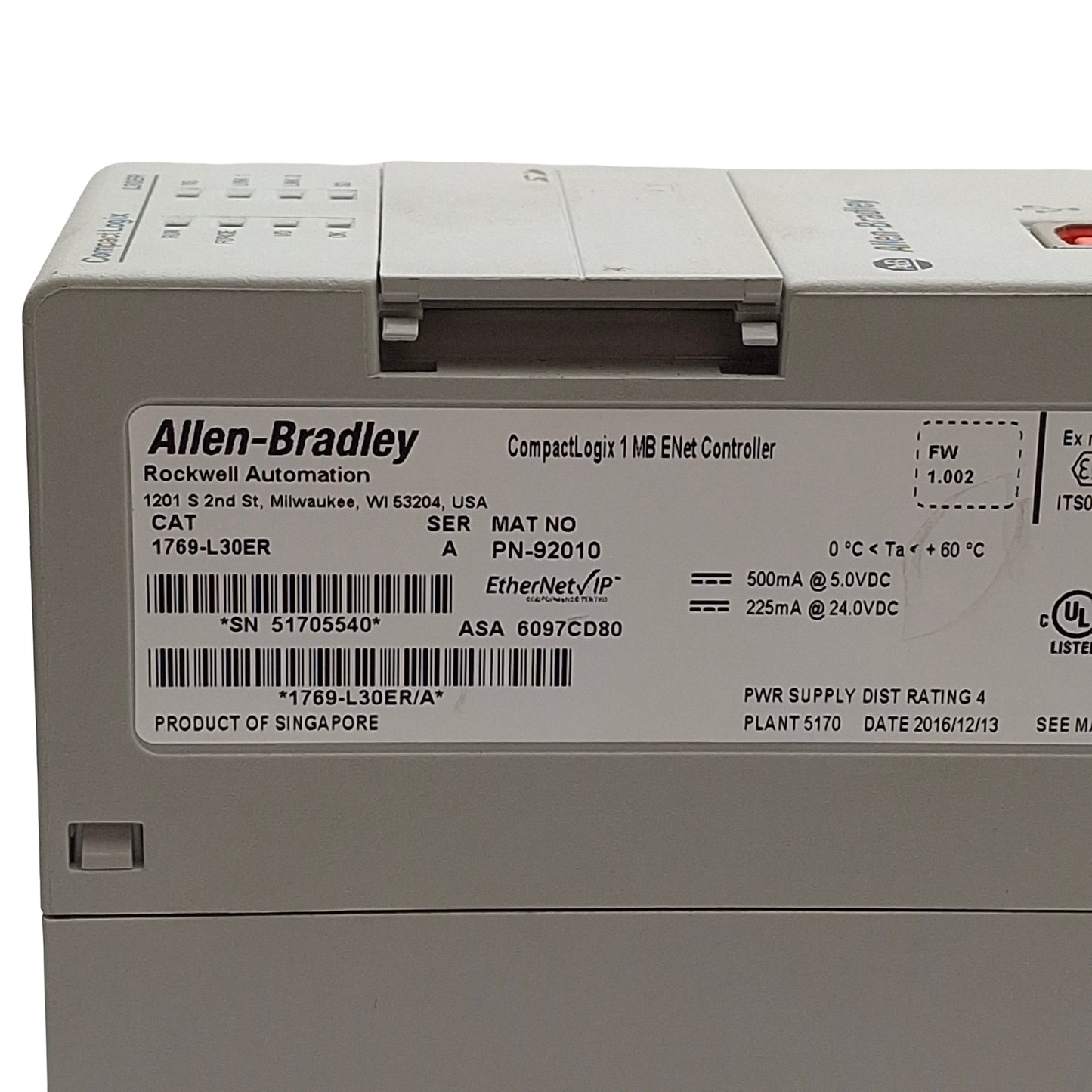 Used Allen Bradley 1769-L30ER Series A CompactLogix PLC Motion Controller, 1MB Memory