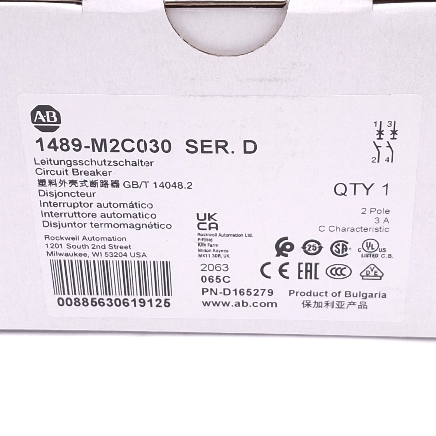 New Allen Bradley 1489-M2C030 Circuit Breaker, 2-Pole 3A, 480Y/277VAC, C-Curve