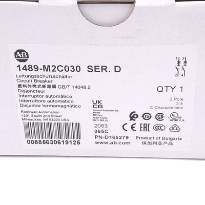New Allen Bradley 1489-M2C030 Circuit Breaker, 2-Pole 3A, 480Y/277VAC, C-Curve