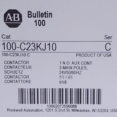New Allen Bradley 100-C23KJ10 IEC Contactor, 3-Ph & NO Aux, 600V 30A, 24VAC Coil