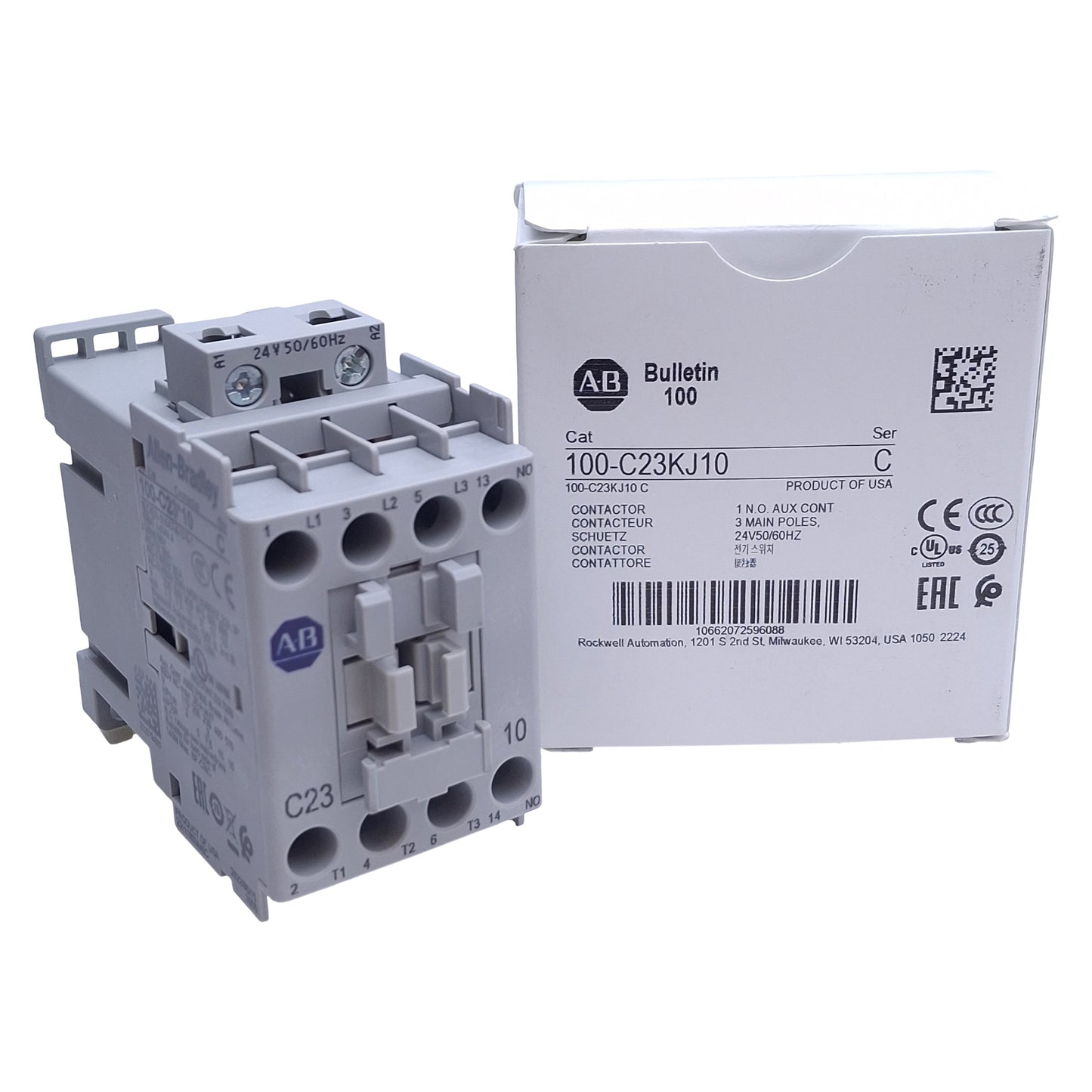 New Allen Bradley 100-C23KJ10 IEC Contactor, 3-Ph & NO Aux, 600V 30A, 24VAC Coil