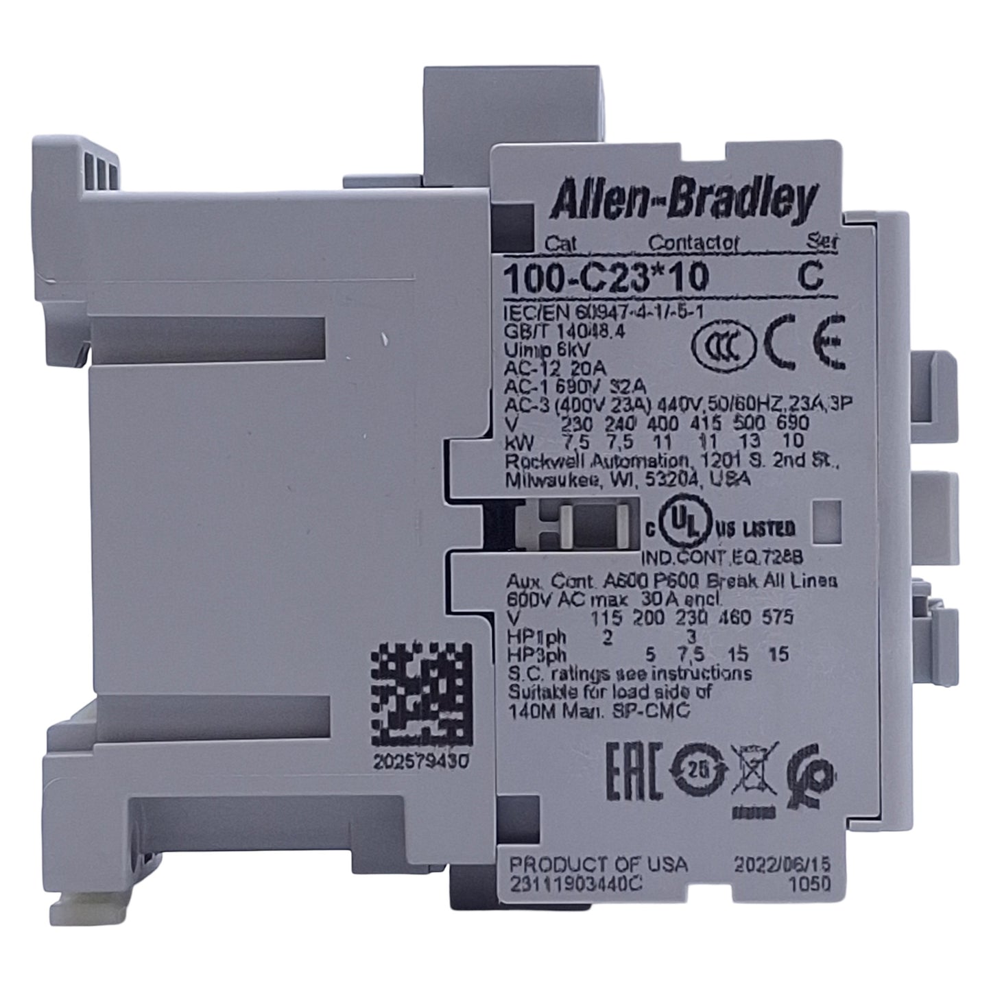 New Allen Bradley 100-C23KJ10 IEC Contactor, 3-Ph & NO Aux, 600V 30A, 24VAC Coil