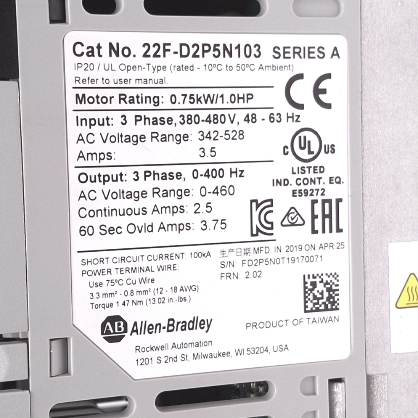 Used Allen Bradley 22F-D2P5N103 PowerFlex AC Drive, 3-Phase 0-460VAC 2.5A, 0.75kW Max
